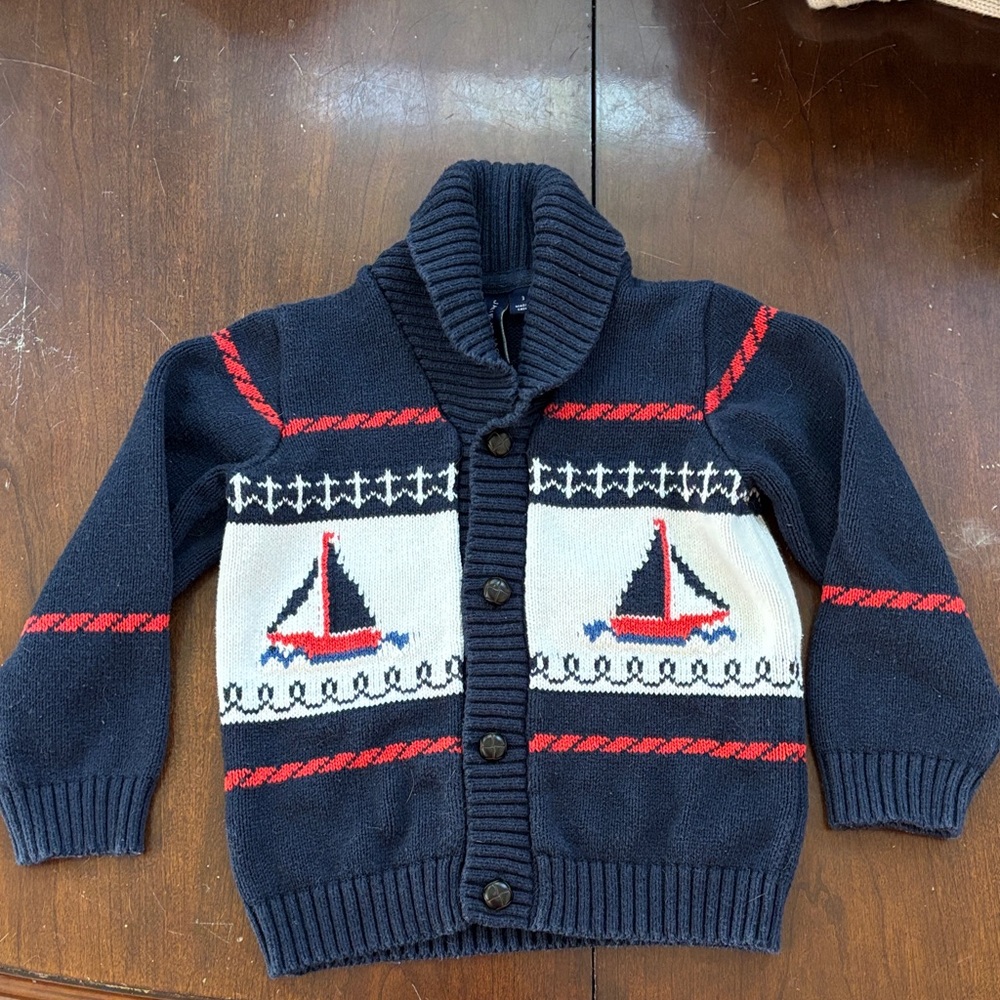Janie and Jack Navy Cardigan with Red and White Sailboat Design 3T EUC